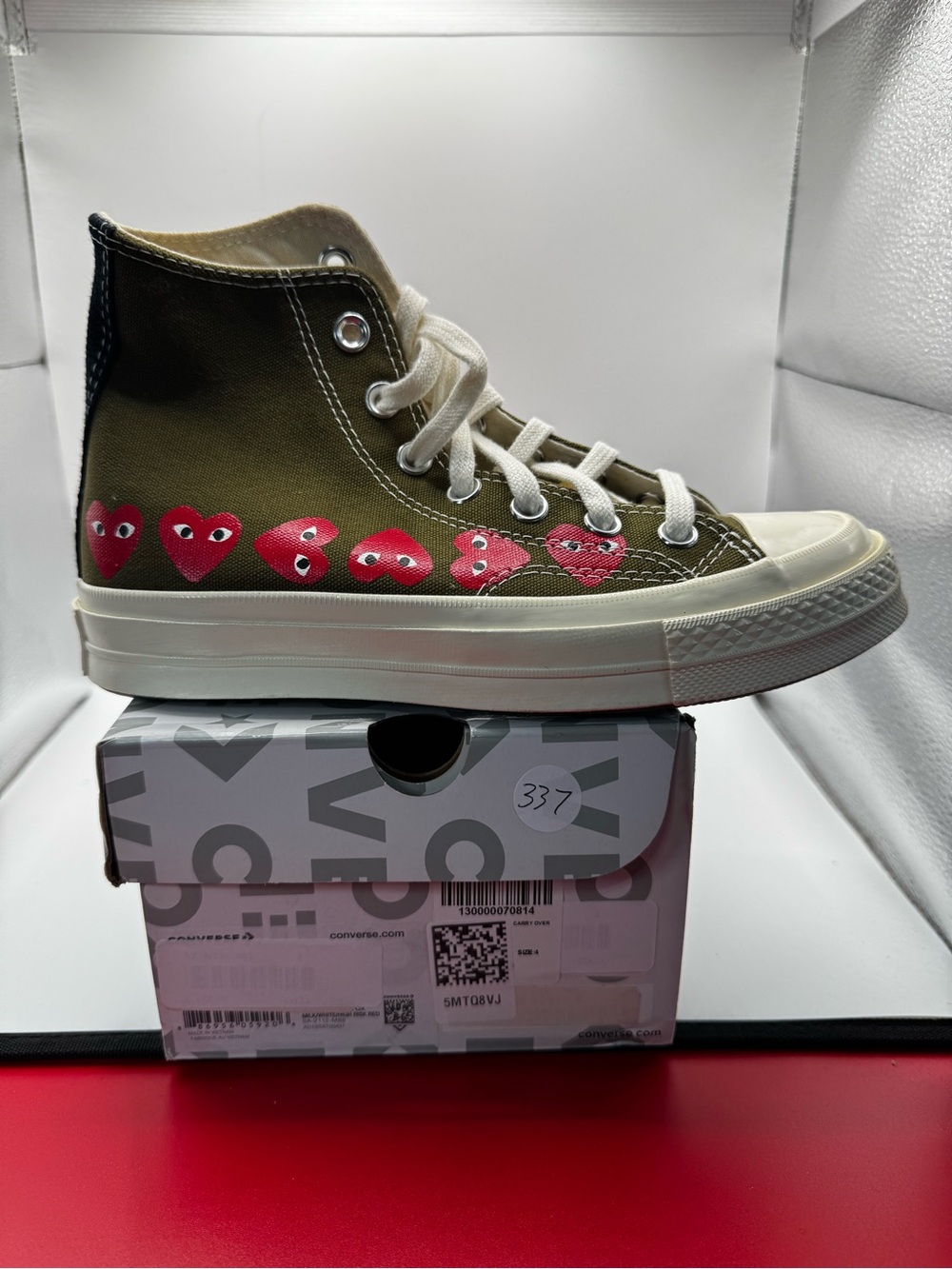 NWT Comme des Garçons Play x Converse Chuck 70 High Multi Heart Khaki M4/W5.5